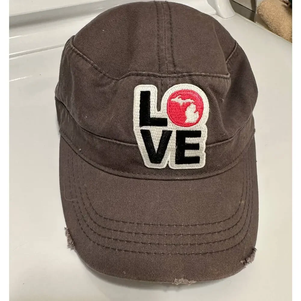 Otto Collecction LOVE Michigan Brown Distressed Baseball Hat Cap Womens Adj